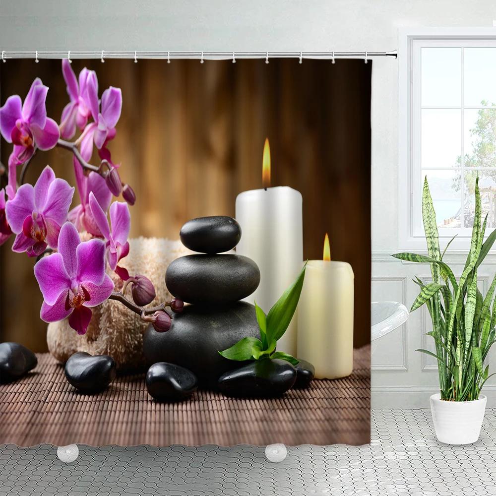 3D Black Stone Green Bamboo Zen Shower Curtain Set Purple Orchid Buddha Natural Landscape Bathroom Decor Polyester Bath Curtains