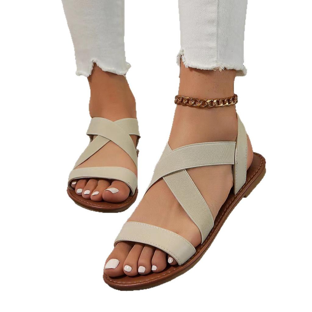 2025 Summer New Flat-soled Sandals Women's Cross Elastic Band Roman Beach Shoes Open-toed Foreign Trade Large-size Women's Shoes