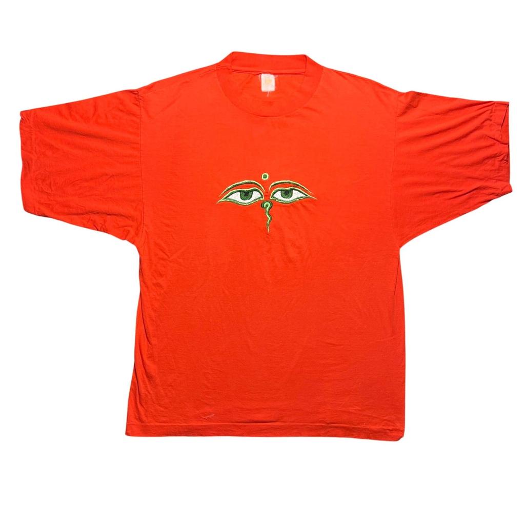 T-shirt Vintage Anni '80 Occhi di Buddha Punto Singolo Rossa Ricamata Nepal Uomo Taglia L