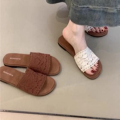Flat-bottomed Cool Slippers 2025 Summer French Gentle Fairy Vacation Beach One-word Slope and Roman Cool Slippers