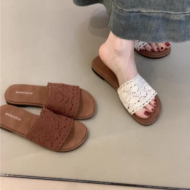 Flat-bottomed Cool Slippers 2025 Summer French Gentle Fairy Vacation Beach One-word Slope and Roman Cool Slippers