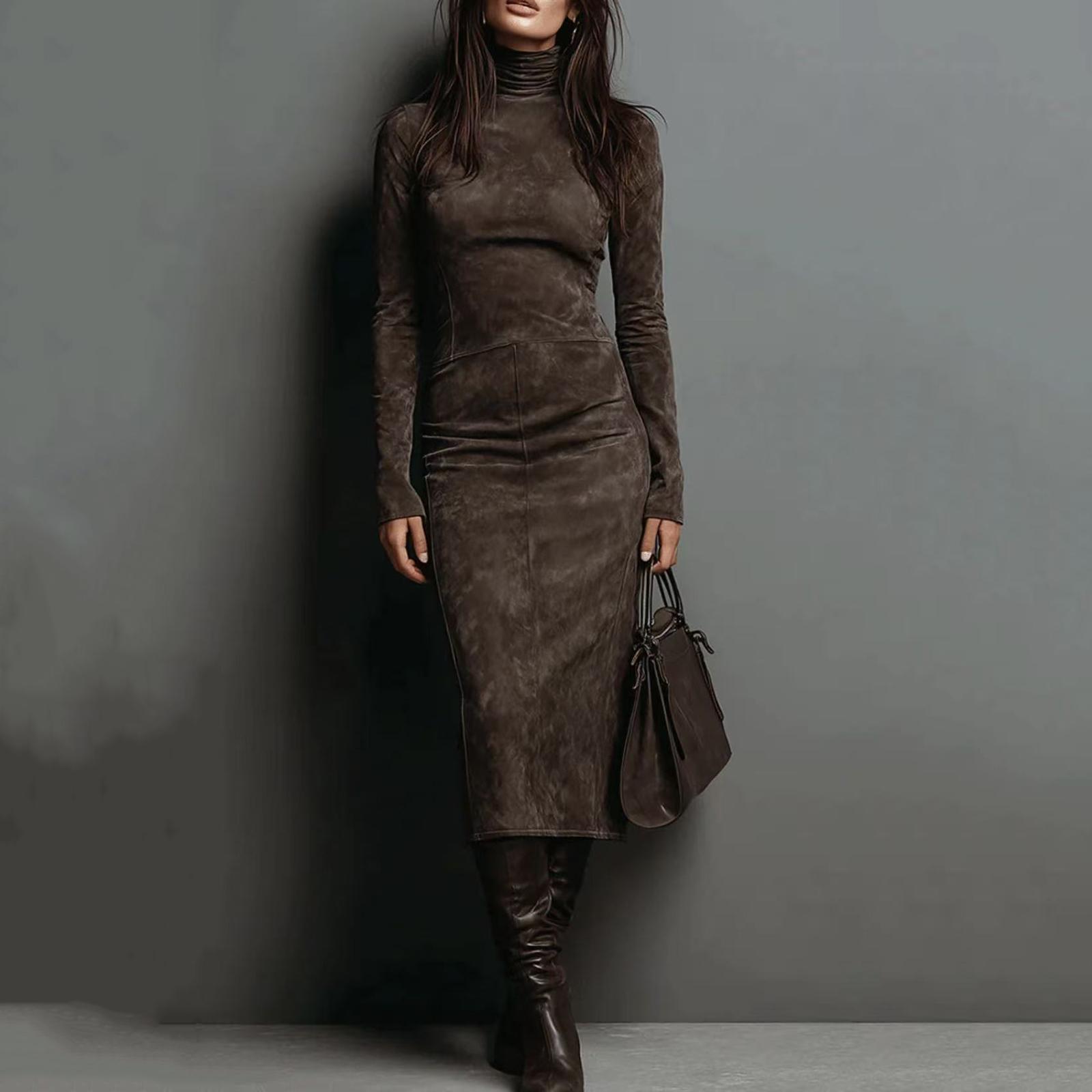 

Женское плиссированное бархатное супердлинное платье с длинным рукавом и высоким воротом, облегающее длинное платье, модное однотонное платье S