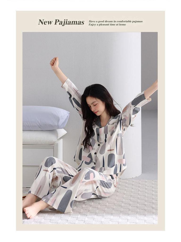 Women's Rayon Cotton Long Sleeve Pajama Set - Lapel, Casual Autumn Style for Home or Outside Wear