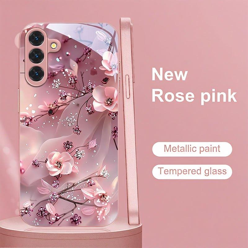 Pink Cherry Blossom Printed Tempered Glass Phone Case Suitable for Samsung Galaxy S26 S25 S24 S22 S21 S20FE/Ultra/Plus Anti Drop