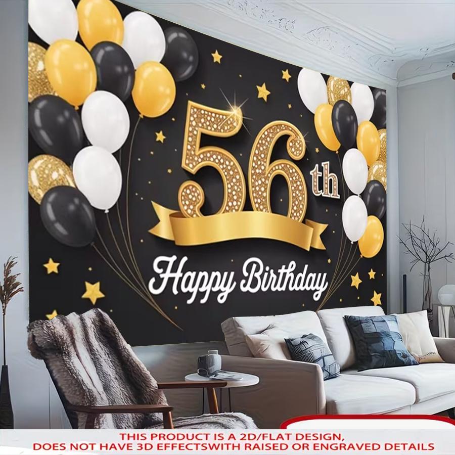 1pc 2D 56th Birthday Happy Birthday Theme Decorative Banner Black Gold Backdrop For Living Room Bedroom Garden Scene Party Celebration