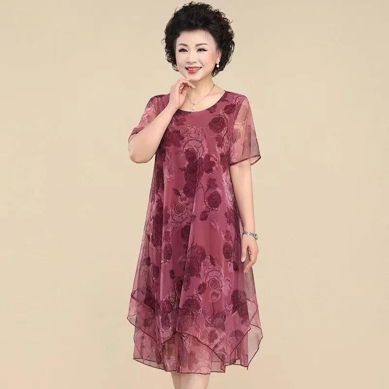 

Женские летние темпераментные элегантные шифоновые юбки для среднего и пожилого возраста, сетчатые платья с V-образным вырезом 2XL