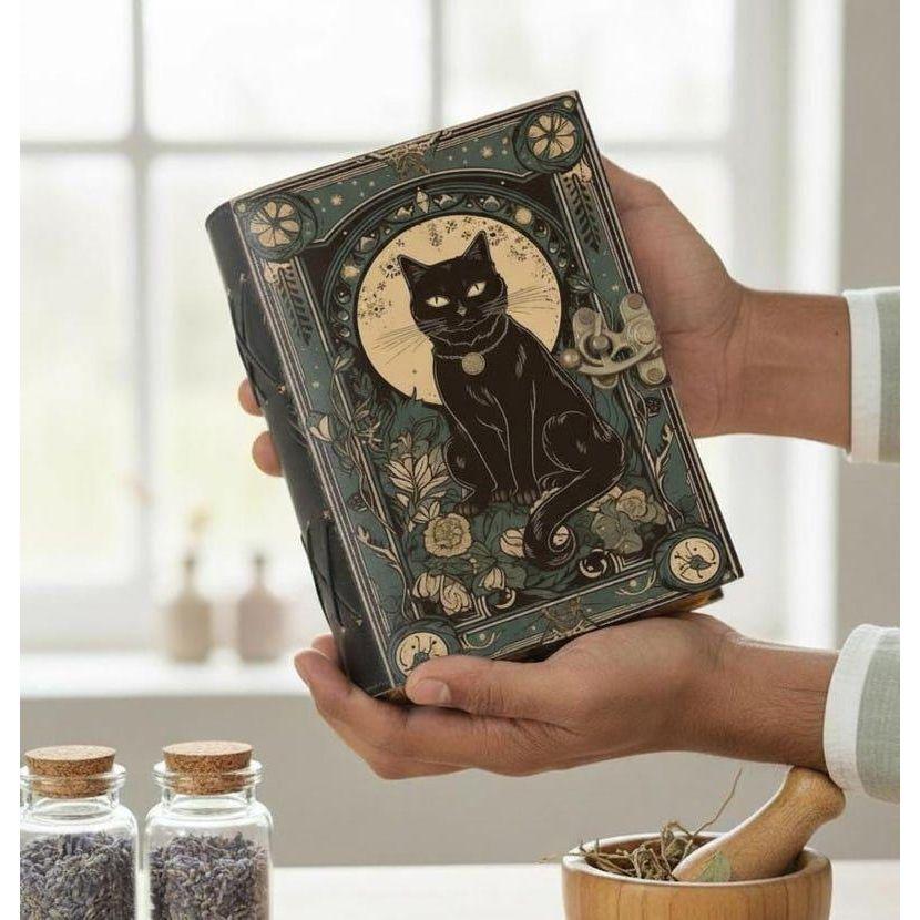 

Large Leather Cat Grimoire: Book of Shadows, Spellbook Journal 7 x 5 inch / 100 Page
