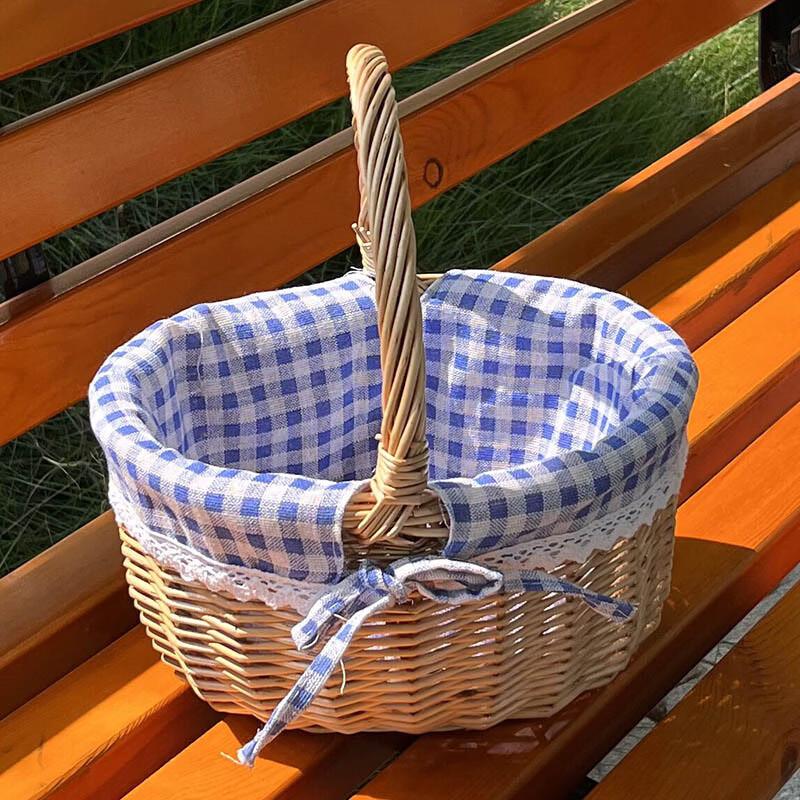 Hand-Woven Willow Picnic Basket with Blue Plaid Liner