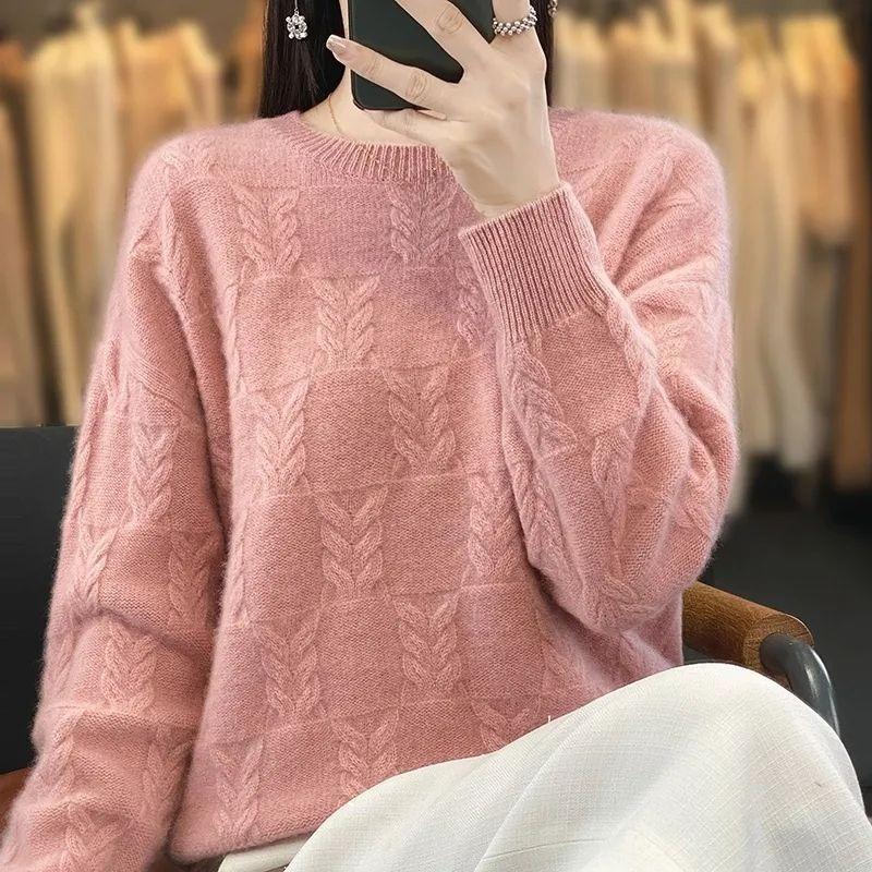 Loose Sweater Women's Round-neck Cut-out Knitted Sweater Loose Solid Color Casual Pullover for Autumn and Winter