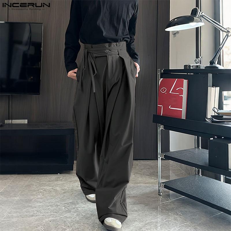 INCERUN Men Bandage Zip-up Waist Long Wide Leg Pants Casual Pockets Trousers