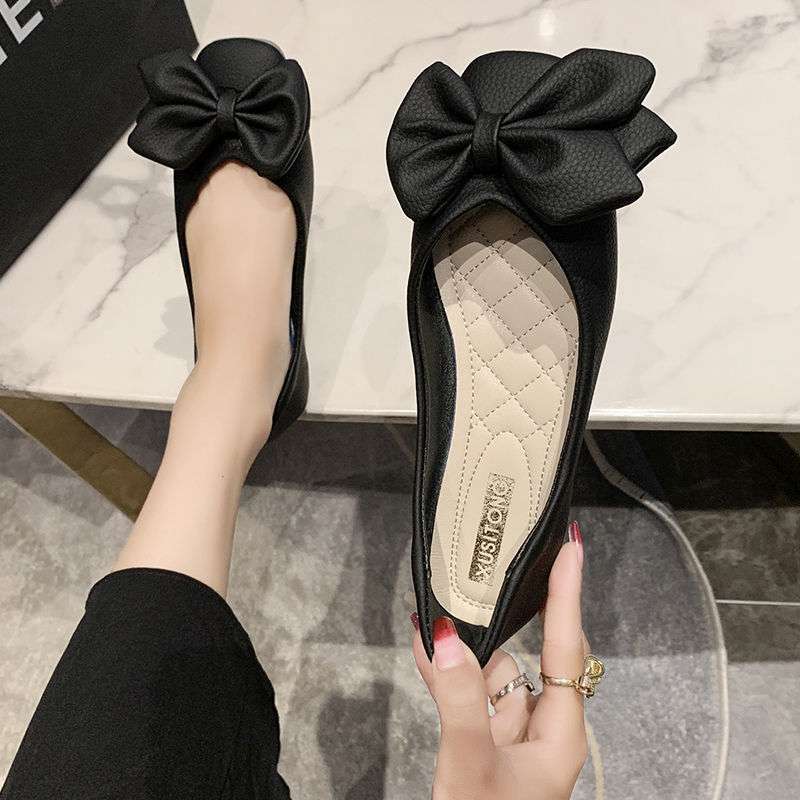Single shoes women's spring and summer new Korean version of square head flat bottom bow women's shoes low-top shoes Doudou pedal lazy shoes tide