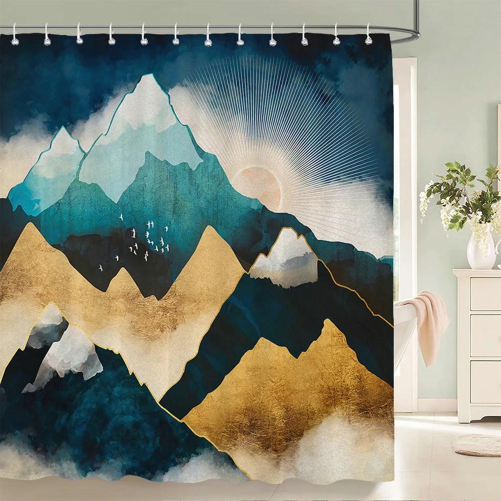 Japanese-style Forest Sun Moon Printed Fabric Shower Curtains landscape Waterproof Bathroom Curtain Bathroom Decor with 12 Hooks