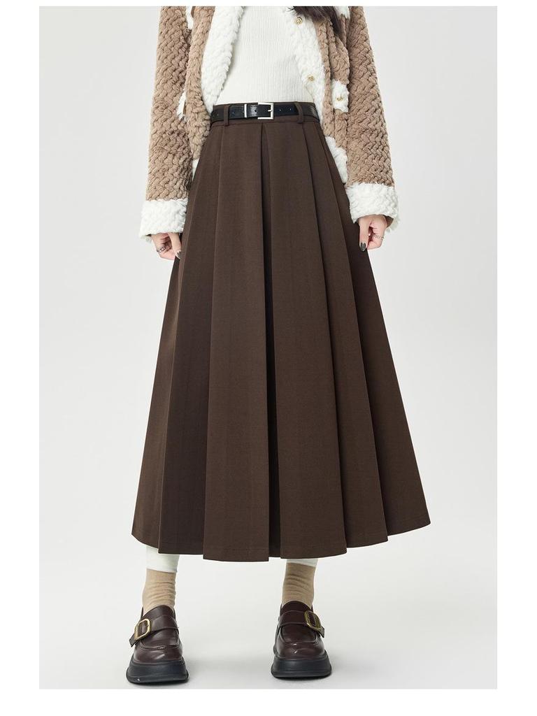 Autumn/Winter 2025 High-Waist Pleated A-Line Skirt - Slimming Woolen Mid-Length for Women