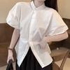 French Retro White Short-sleeved Stand-up Collar Shirt Women's Summer Niche Bow-tie Bubble Shirt Slim Top