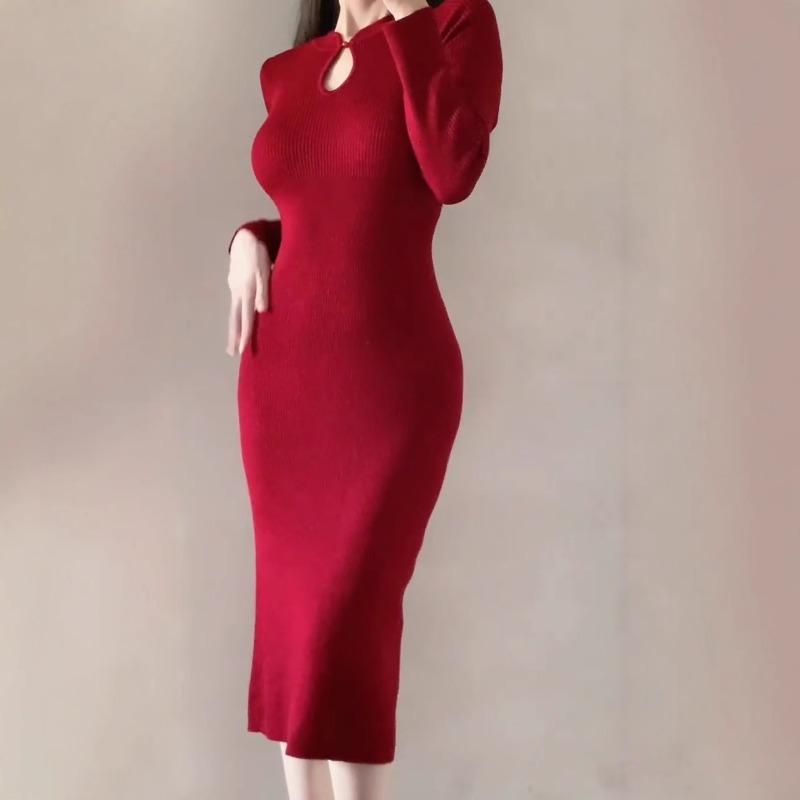 Improved Cheongsam Winter Toast Dress Bridal High Sense Dignified Atmosphere Red Bottoming Knitted Dress
