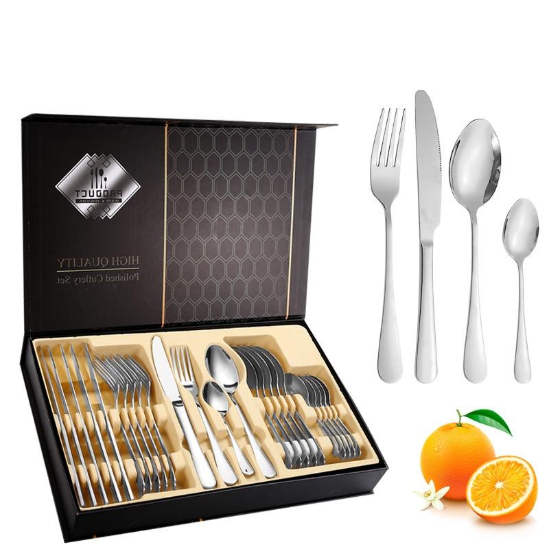 

24Pcs Gold Cutlery Specular Light Stainless Steel Steak Knife Fork Spoon Teaspoon Upscale Restaurant Cutlery Set With Gift Box серебряный