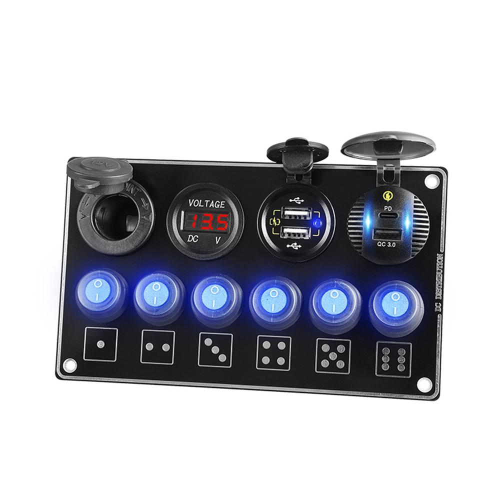24V 12V 6 Buttons Toggle Switch Panel with Digital Voltage Tester USB Charger QC3.0 Quick Charge Car Power Adapter Boat Caravan