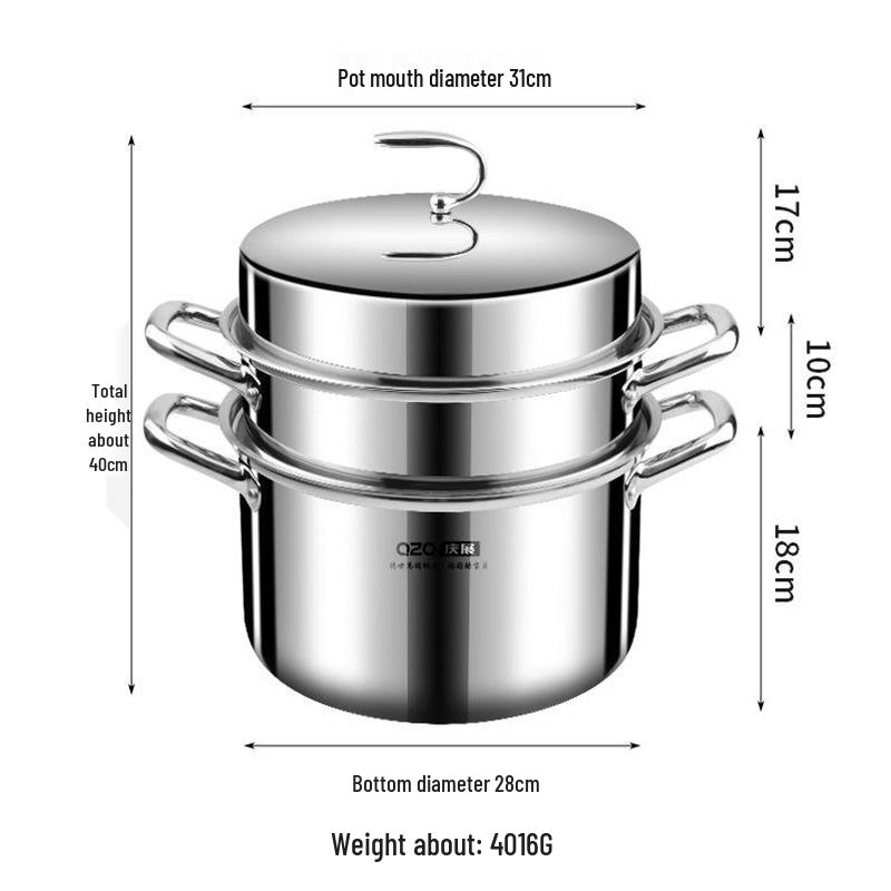 Stainless Steel 3-Layer Steamer Pot, Large Capacity Soup and Steam Cooker 30cm