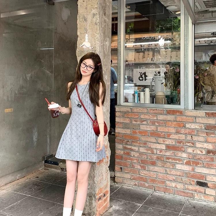 College style round neck sleeveless waist thin dress women's summer French gray short temperament vest A-shaped skirt