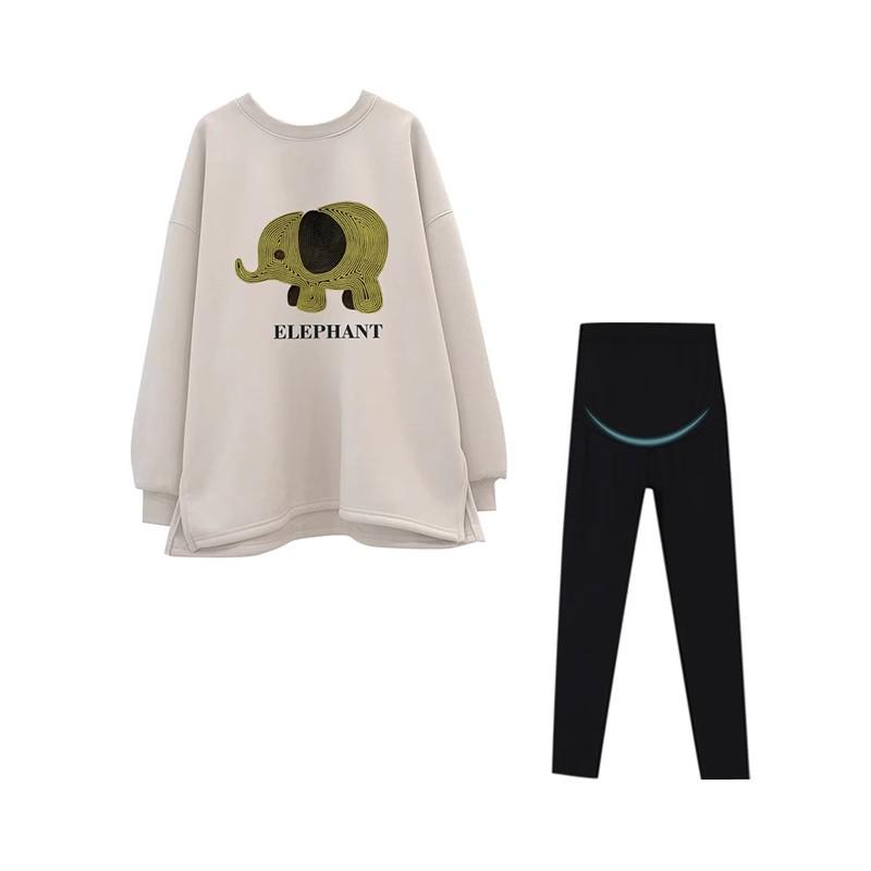 2025 Spring-Autumn Maternity Two-Piece Set: Grey & White Elephant Slit Sweatshirt with Long Sleeves