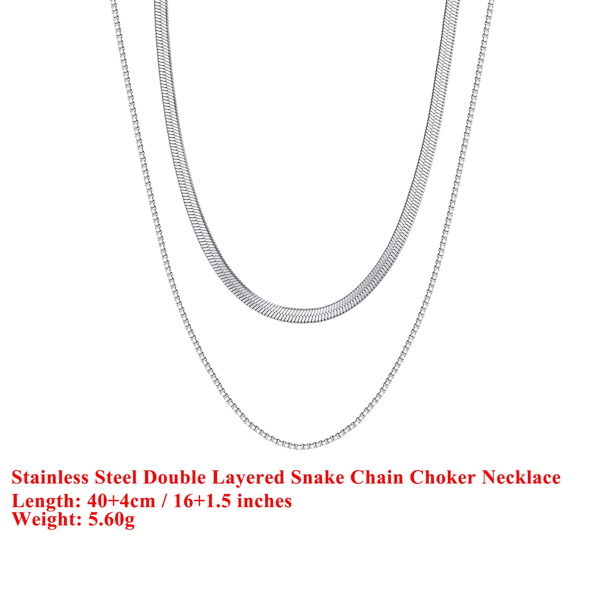

EFFIE QUEEN Stainless Steel 18k Gold Double Layered Snake Chain Choker Necklace Simple Jewelry for Women Banquet Party STCC03 серебряный