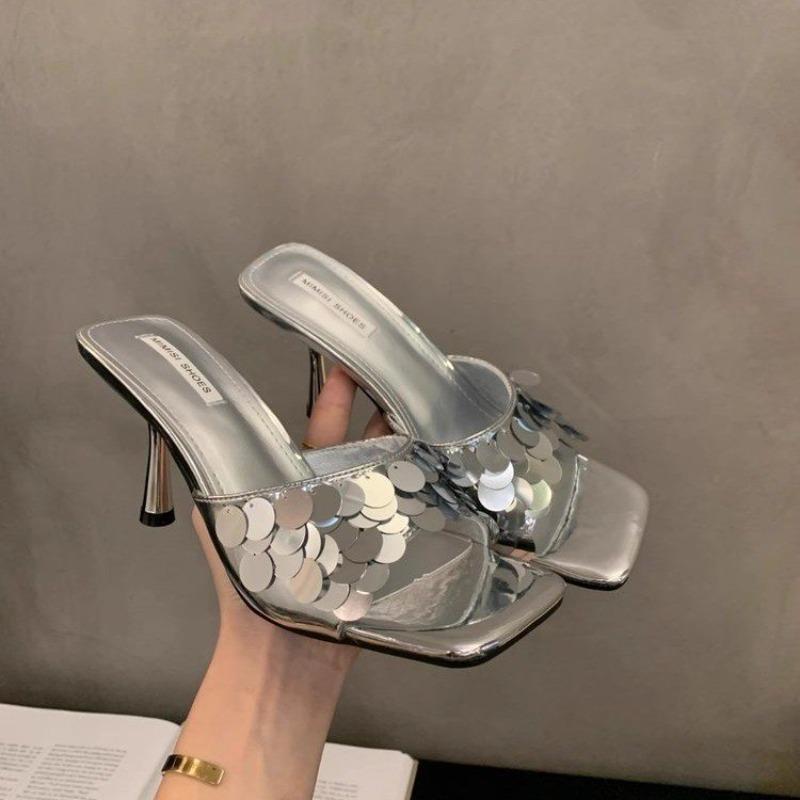 Fashion 2025 Summer Hot Selling Women's Square Toe High Heels Fashionable and Elegant Outdoor Versatile Silver Women Slippers
