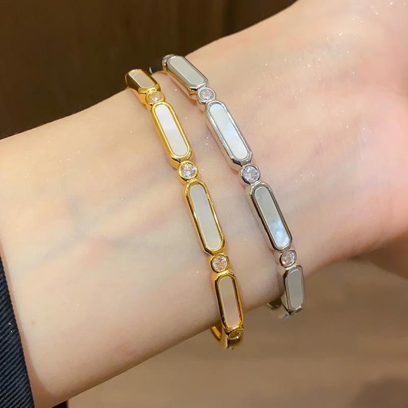 18K Gold-Plated Zircon & Mother-of-Pearl Oval Bangle - Elegant, Versatile Luxury Bracelet for Women