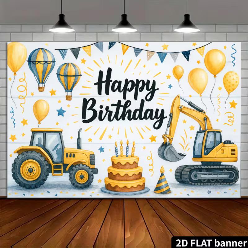 2D Construction Party Backdrop - Excavator & Tractor Banner for Kids Engineering Themed Photoshoot