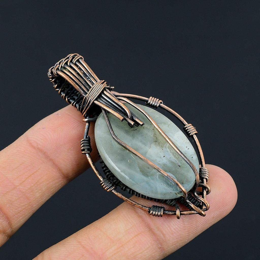 Aquamarin 999 Kupferdraht gewickelter Anhänger, Handgefertigter Edelsteinanhänger Schmuck, Geschenke für Ehefrau Brandneuer Anhänger