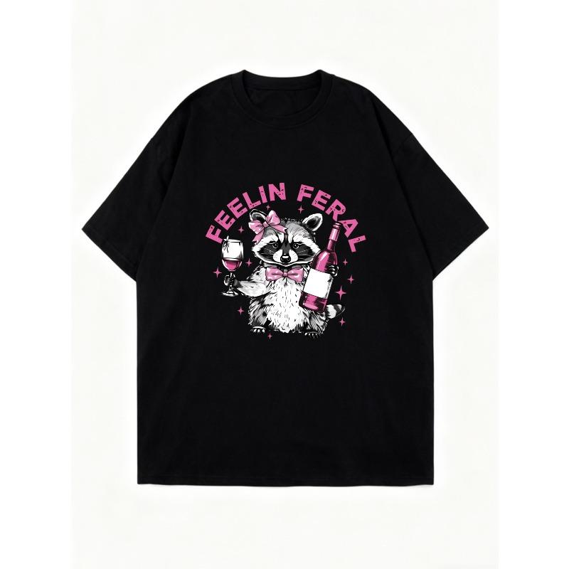 Oversized T Shirt Dress Black Feelin Feral Raccoon With Wine Bottle And Glass Print Casual Streetwear For Women