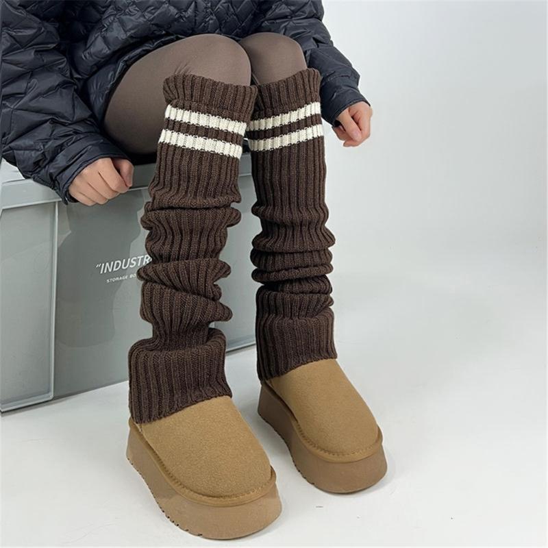 Women Thicken Ribbed Knit Leg Warmer Preppy Style Double Striped Leg Covers Snow Boot Cuffs Over Knee Stacked Long Socks