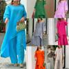 New Women's Cotton Linen Fashion Casual Plus Size Irregular Long Sleeve Set Wide Leg Pants Two Piece Outfit
