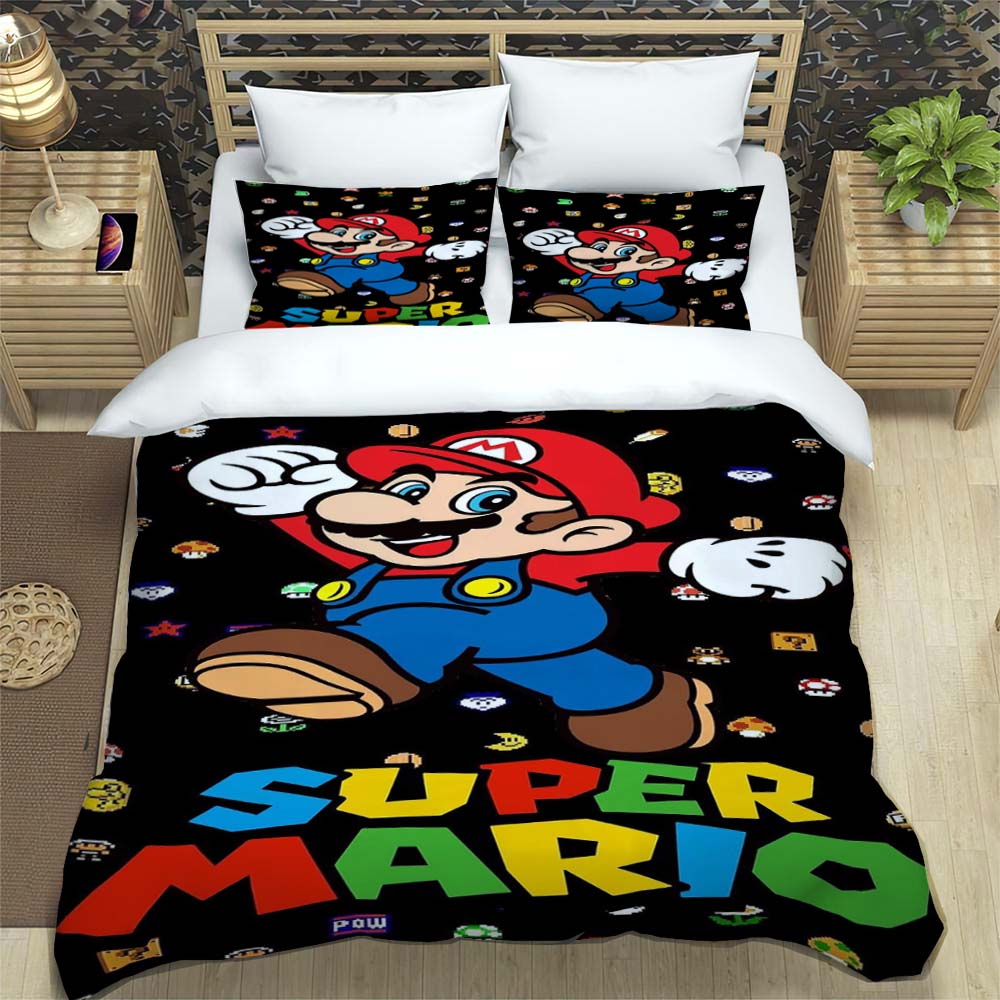 Comfortable Bedding Set, 3D Cartoon Mario Three-piece Set, Including Duvet Cover and Pillowcases.