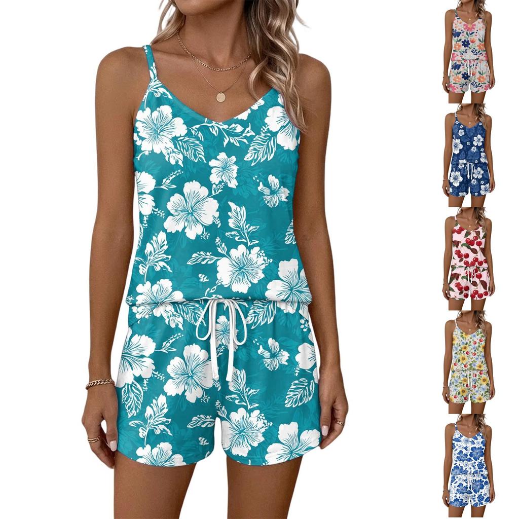 Women's Summer Casual Two Piece Set Floral Print Sleeveless Tank Top Square Neck Sporty Shorts with Pockets Lightweight Lounge Outfit