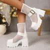 Back Zip Platform Square Heel Sandals Summer New Round Toe Paneled Mesh Metal Buckle Non-Slip Shorthole Boots