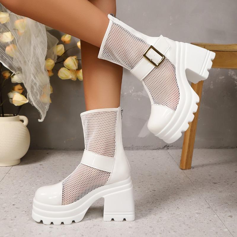Back Zip Platform Square Heel Sandals Summer New Round Toe Paneled Mesh Metal Buckle Non-Slip Shorthole Boots