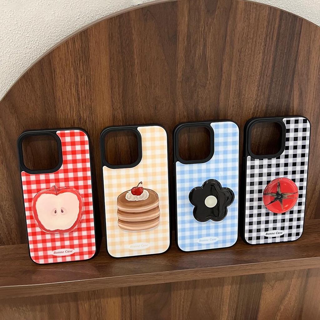 Plaid Fruit Stand iPhone 14/16/17 Pro Max Epoxy Retro Couple Phone Case