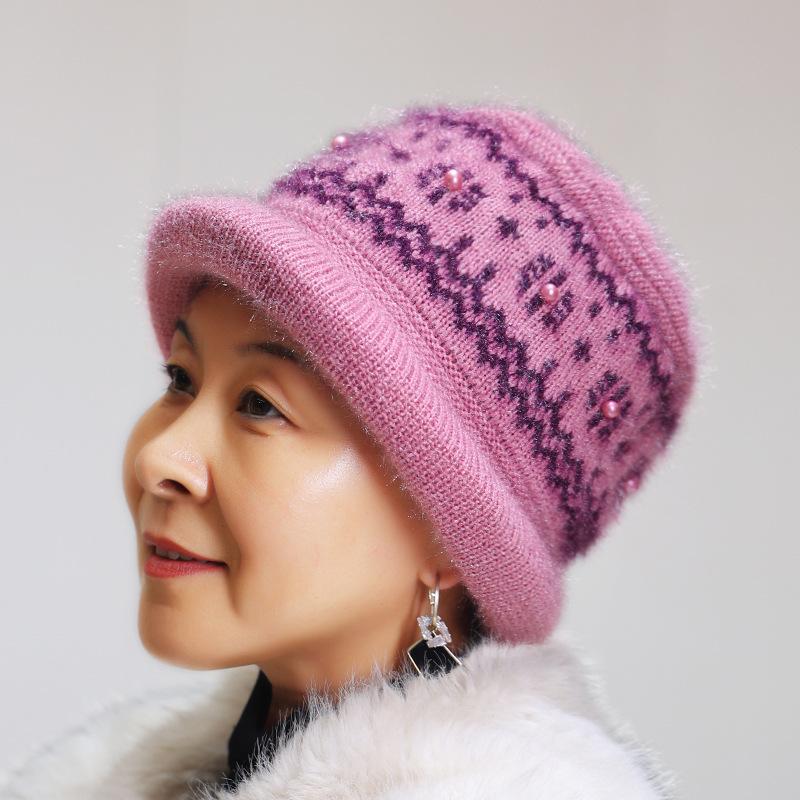 Winter new middle-aged and elderly hats women's knitted ear protectors handmade wool hats, plush warm mother cold-proof hats