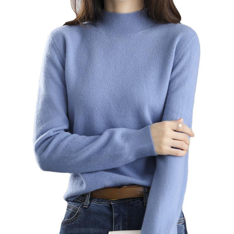 

Новый вязаный свитер с полувысоким воротником для женского осенне-зимнего сезона, короткий пуловер, однотонный свитер свободного кроя, утолщенный базовый слой XXL синий