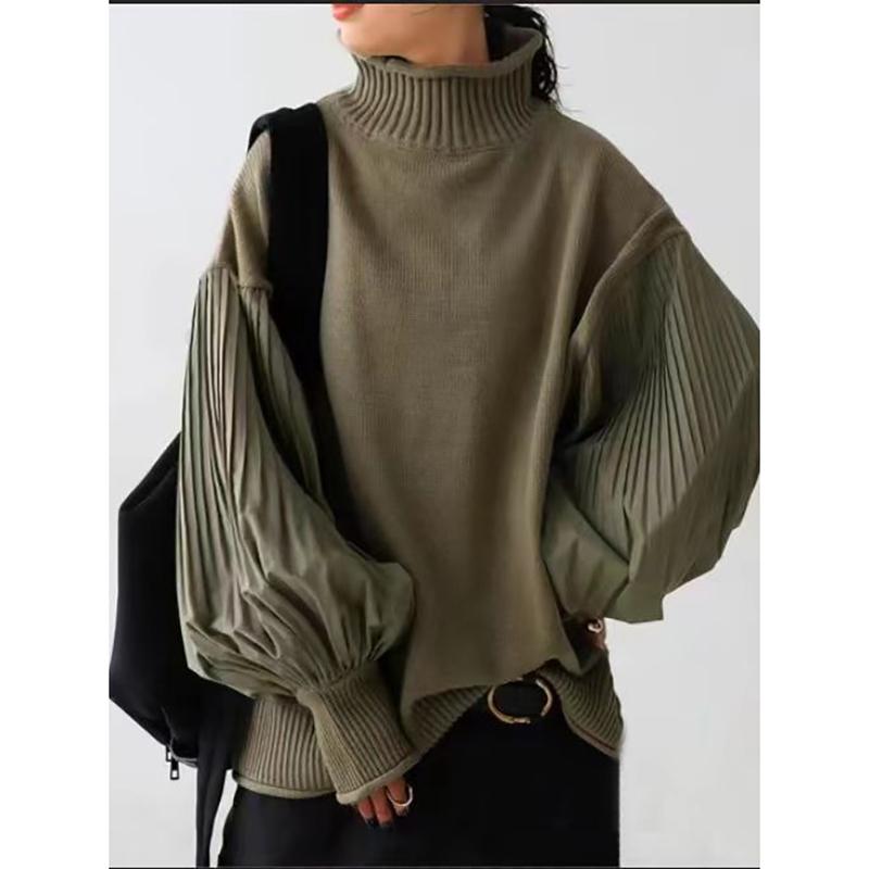 Winter Women Stylish Sweater Turtleneck Patchwork Casual Loose Pullover Lantern Sleeve Ladies' Sweater