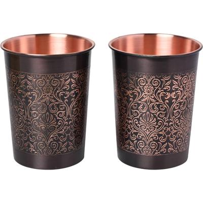 (Paquete de 2) Tallado de Cobre Diseño Real Acabado Antiguo Negro Vidrio Con Caja de Regalo Dorada Juego de Vidrio Vaso de Agua/Jugo (250 ml, Cobre, Marrón)