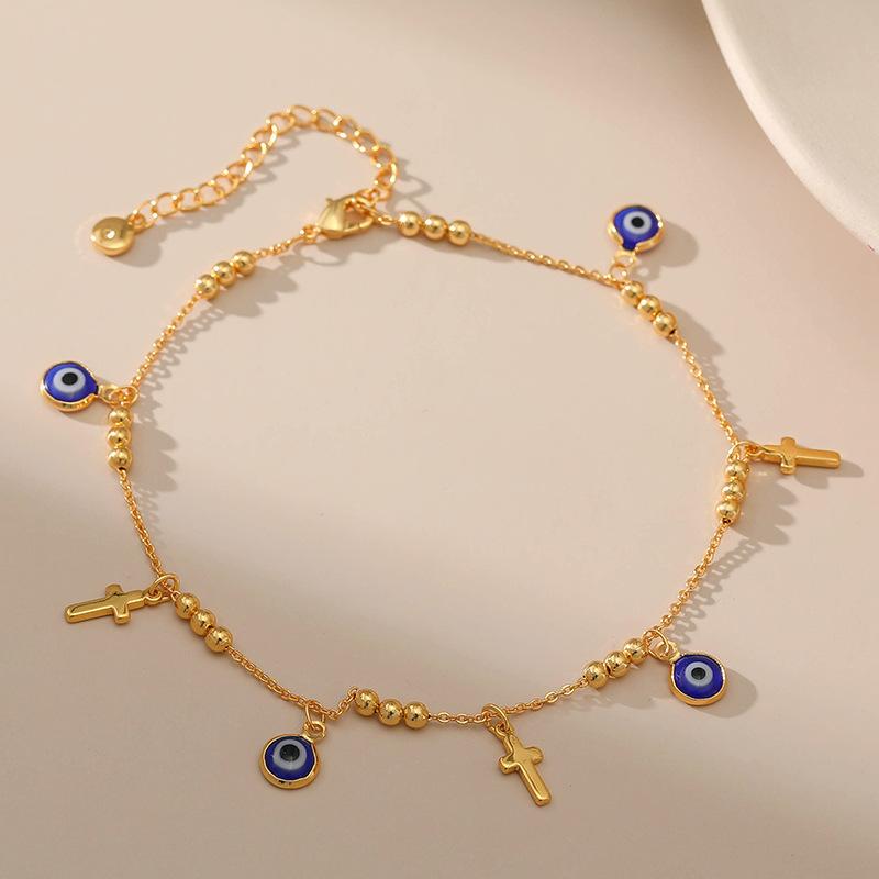 Gold Plated Blue Evil Eye Cross Pendant Anklet For Women