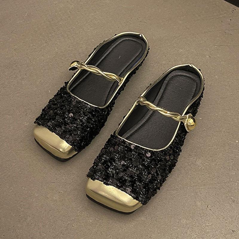 Xiaoxiangfeng Korean version temperament Mary Jane single shoes women's shoes 2025 spring and summer French sequined silver bag head half slippers w