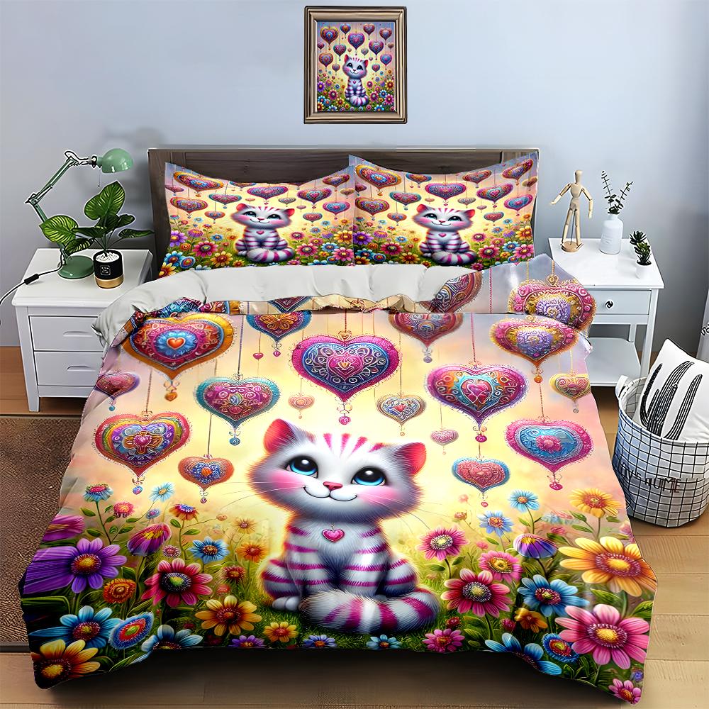 Cat, Hearts, Flowers Bedding Duvet Cover Sets Duvet Covers Pillowcases Gifts (1 * Duvet Cover 2 * Pillowcases, Without Duvet Insert)
