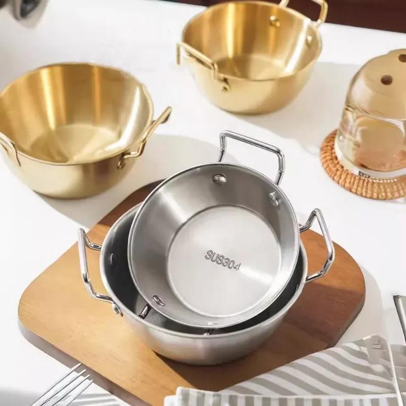 1 Pz Ciotola da Cucina Stile Coreano Ciotole Durevoli in Acciaio Inossidabile per Vino di Riso Domestico Piatto per Snack con Doppie Anse Ciotola per Noodles Istantanei