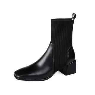 2026 New autumn and winter style thick and medium heel square toe short boots for women knitted apricot elastic single boots