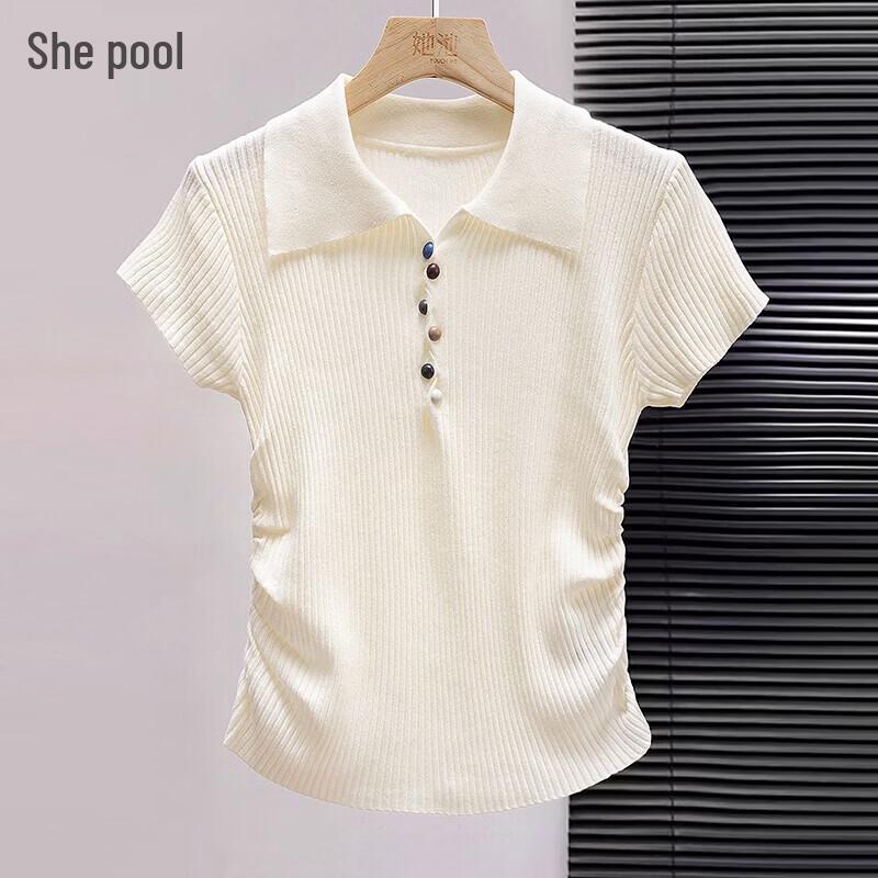 Women s Ice Silk Pleated Waist Lapel Knit Top S