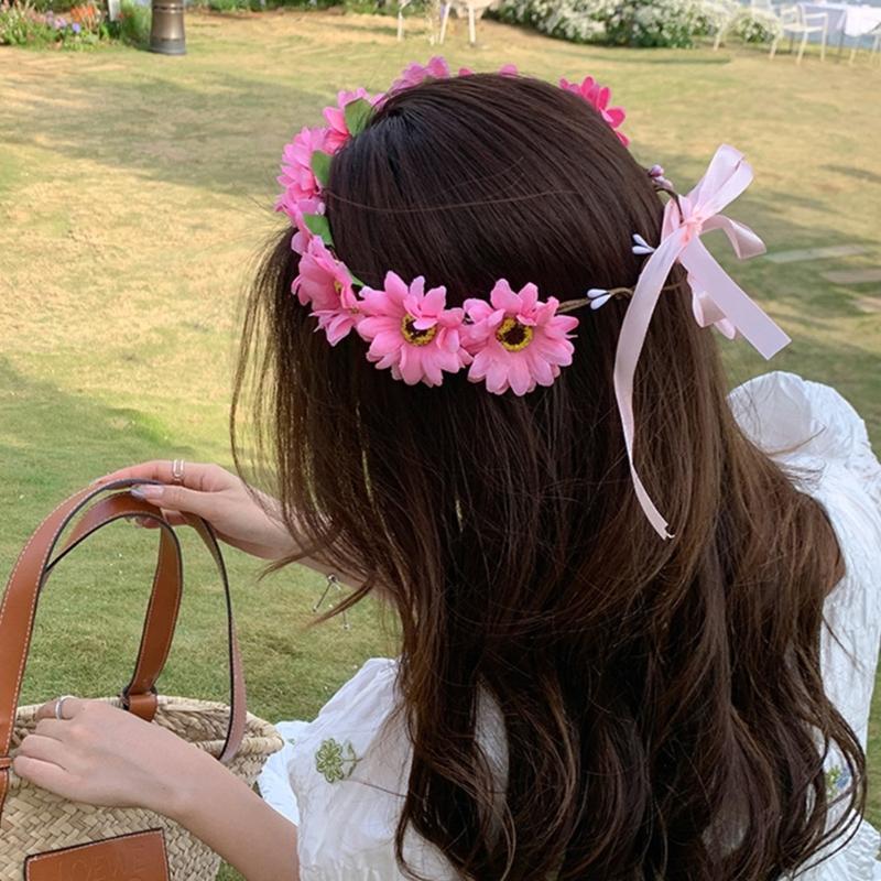 Realistic Sunflower Garland Headband Bohemian Crown Headpiece Tiaras Flower Hairband Women Wedding Party Accessories