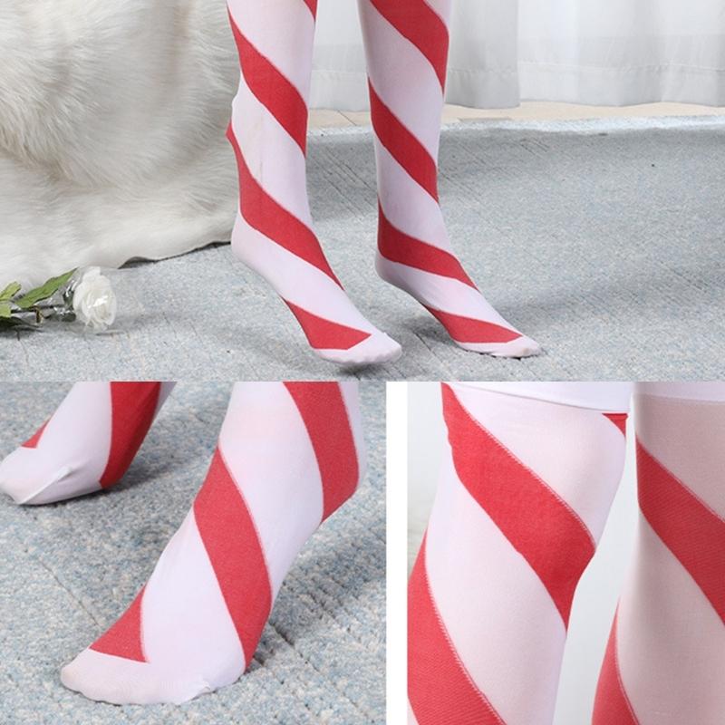 Women Red White Striped Over Knee Long Socks Cute Lovely Bowknot Thigh High Stockings for Christmas Party Costume