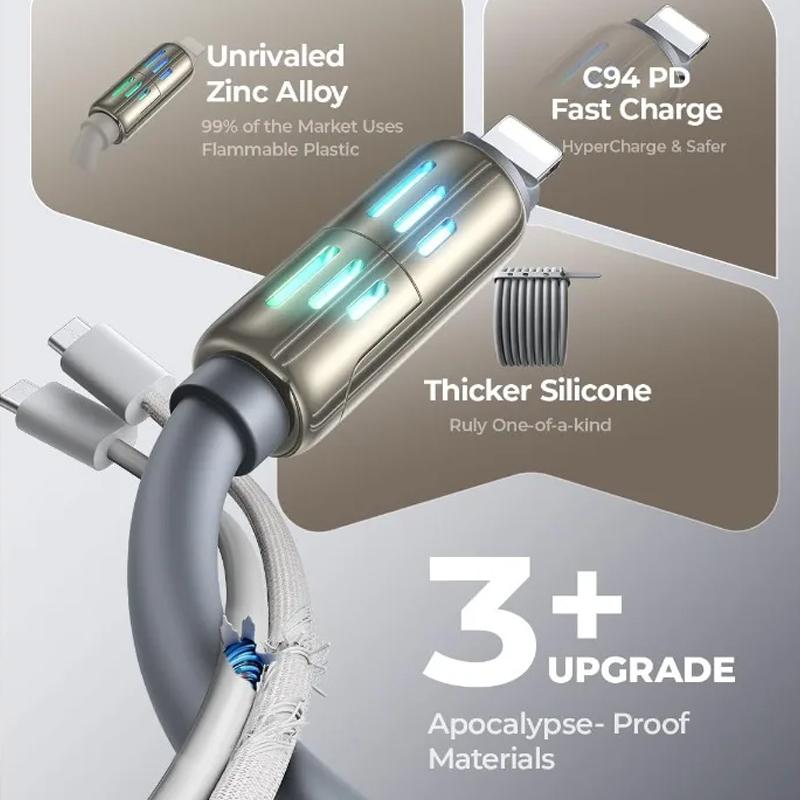 240W Chubby USB C-kabel Snabb laddning 4 i 1 Datakabel 6,6FT Zinklegering med Andningsljus för Telefon/MacBook/iPad